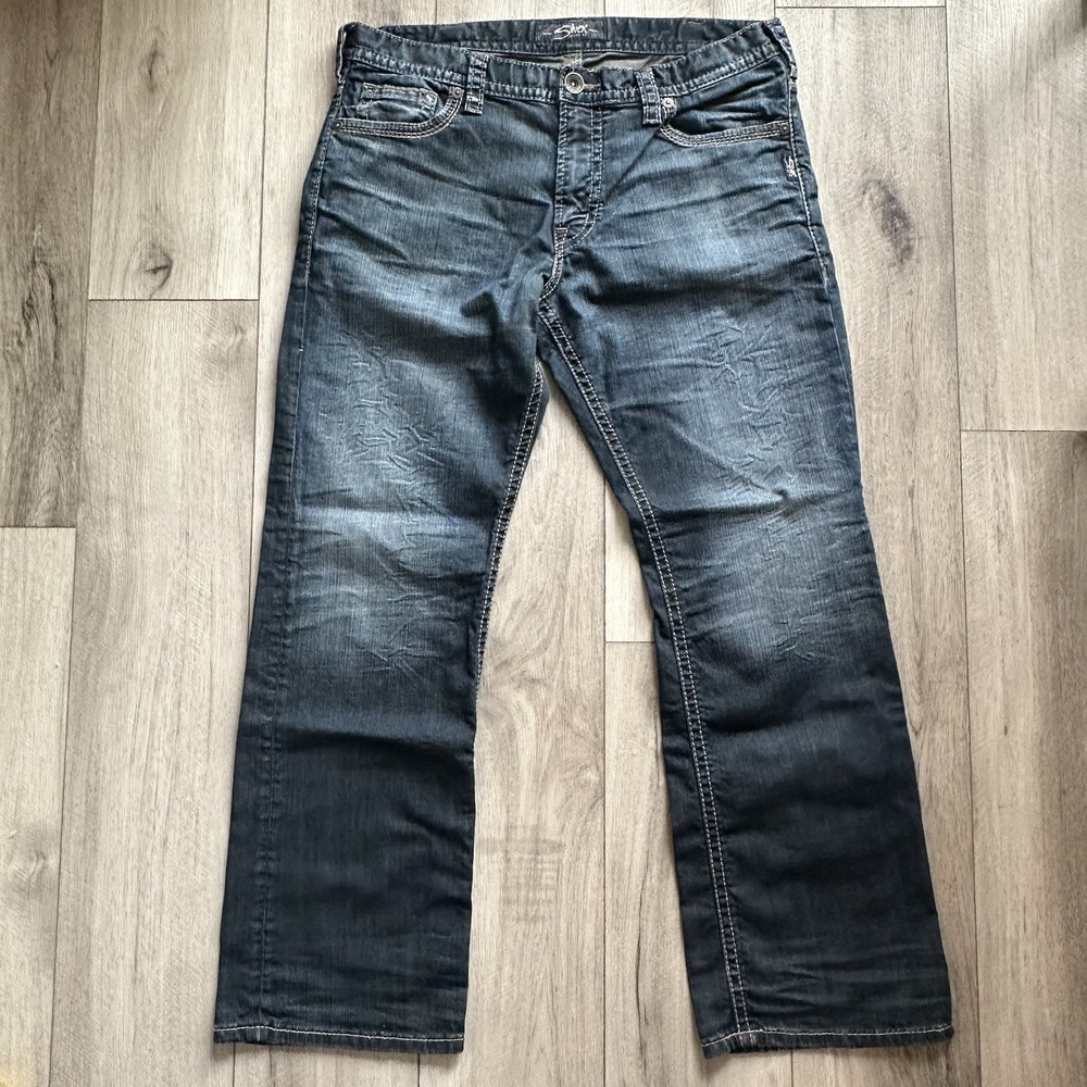 Silver Jeans Mens 35X32 Blue ZAC Relaxed Fit Straight Leg Denim Thick Stitch